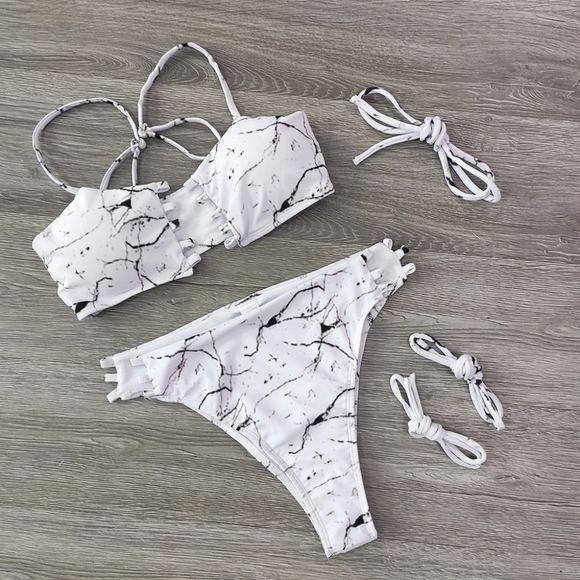 Marble Lace-up Bandeau Top Highwaisted Bikini Set - Picture 2 of 10